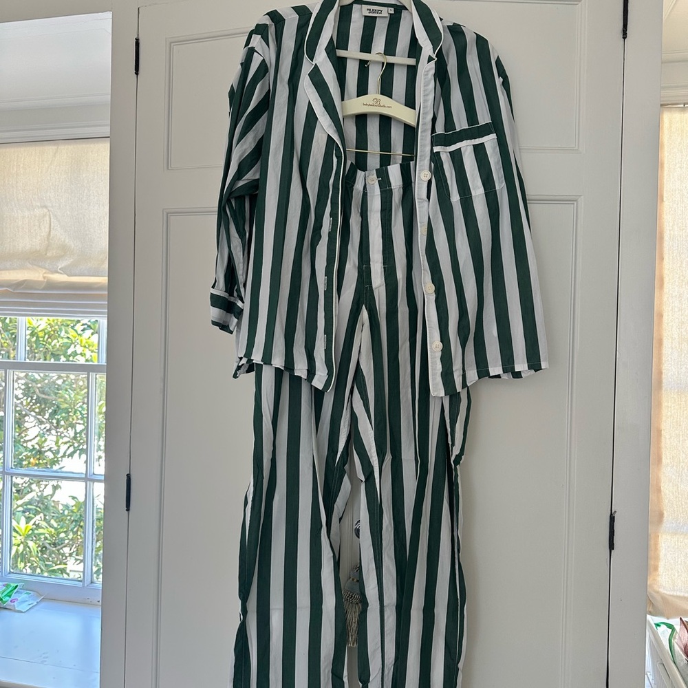 Sleepy Jones Forest Green and White Striped Pajama Top